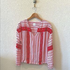 J Marie Red White Rayon Embroidered Bell Sleeve Blouse Elegant Flowy Top Medium